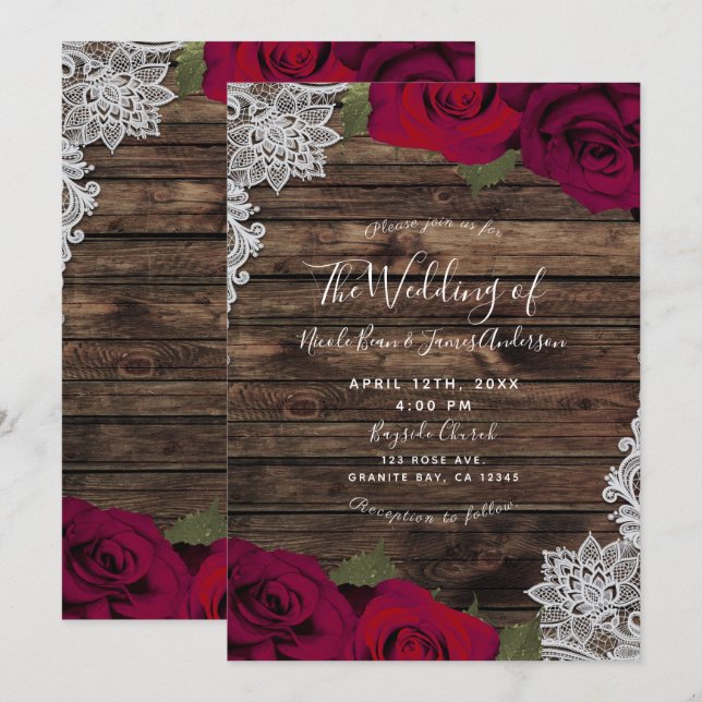 Invitation Roses floraux rouges profonds Mariage de dentelle  (Devant / Derrière)