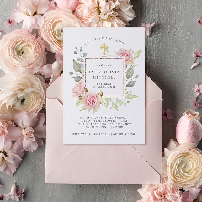 Invitation Roses généreux | Élégant Baptême floral rose (Créateur téléchargé)