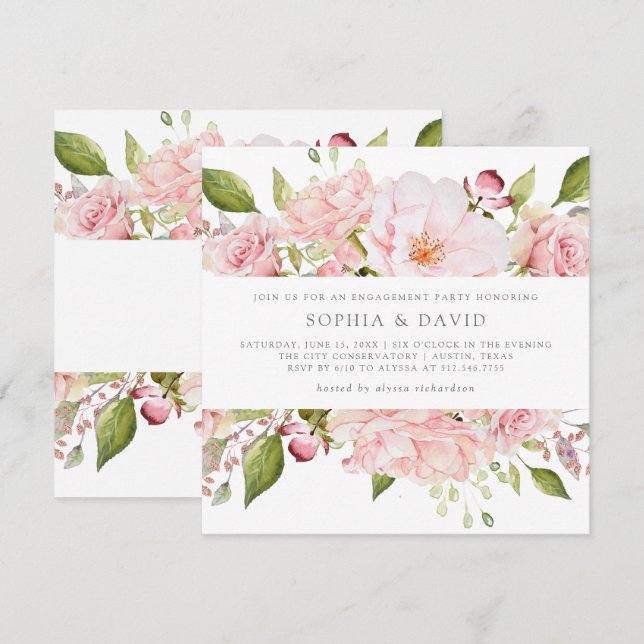Invitation Roses généreux | Parti d'engagement floral rose (Devant / Derrière)