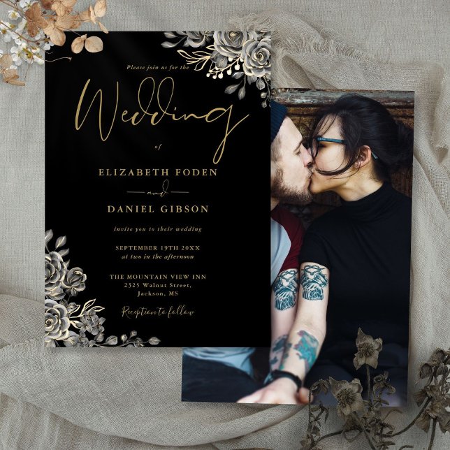 Invitation Roses gothiques Noir et Or Mariage photo Floral (Black And Gold Gothic Roses Floral Photo Wedding Invitation)
