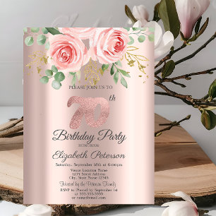 Invitation Roses, Gouttes de paillettes Rose Gold 70e Anniver