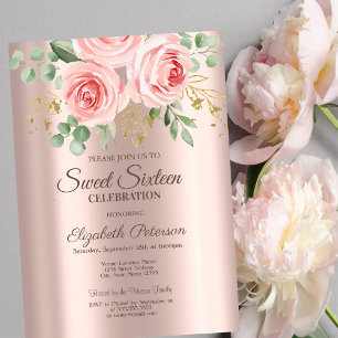 Invitation Roses, Gouttes de paillettes Rose Gold Sweet 16