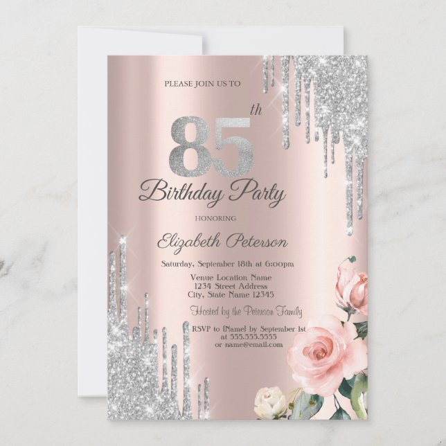 Invitation Roses Gouttes de Pailleur Argent Or Rose 85e (Devant)