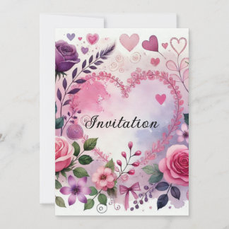 Invitation Roses hearts Valentine floral pastel watercolor