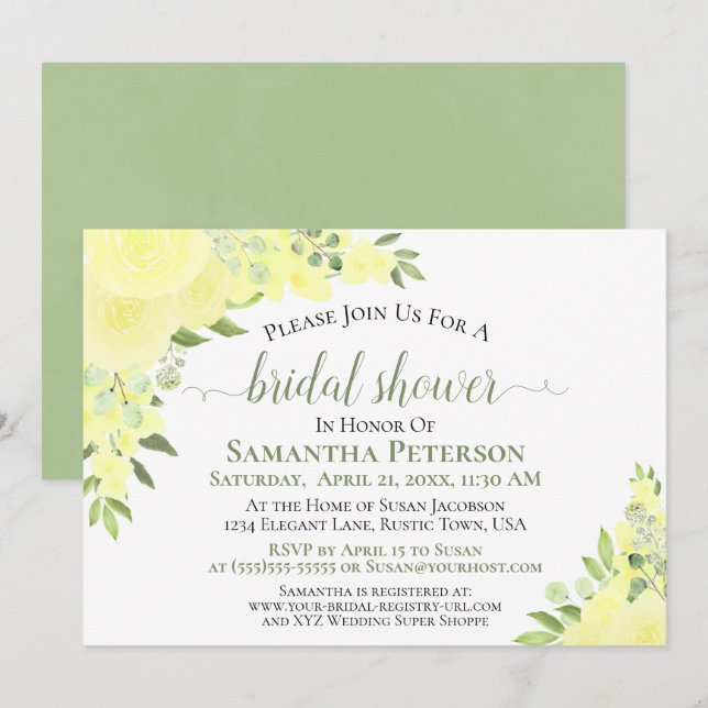 Invitation Roses Jaunes Aquarelle Boho Fête des mariées Flora (Devant / Derrière)
