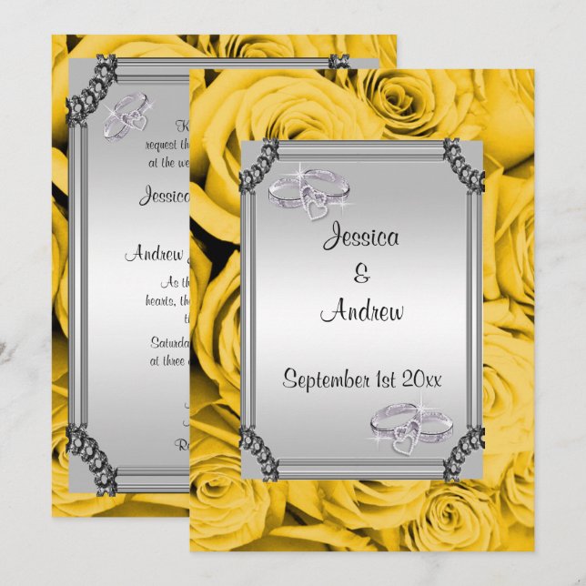 Invitation Roses jaunes et anneaux de Mariage diamant (Devant / Derrière)