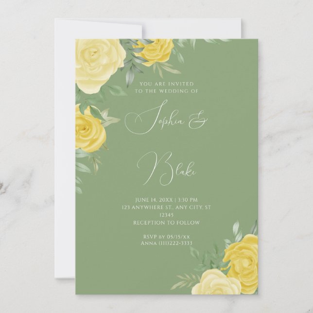 Invitation Roses Jaunes Modernes Élégant Mariage Vert (Devant)