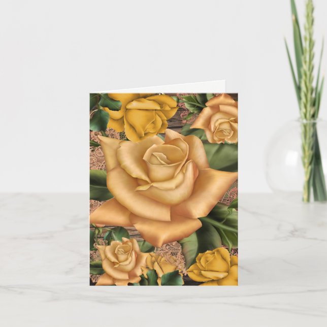 Invitation Roses Jaunes & Pays Fête des mariées en bois rusti (Devant)