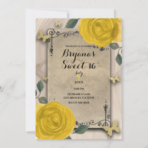 Invitation Roses jaunes Vintage Old World papillon Sweet 16