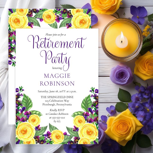Invitation Roses jaunes |Violets Boho Floral Retirement Party (Elegant Yellow Roses and Purple Violets Floral Retirement Party Invitation - Print | Digital)