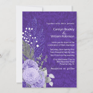 Invitation Roses Lavande sur Mariage Damassé Violet