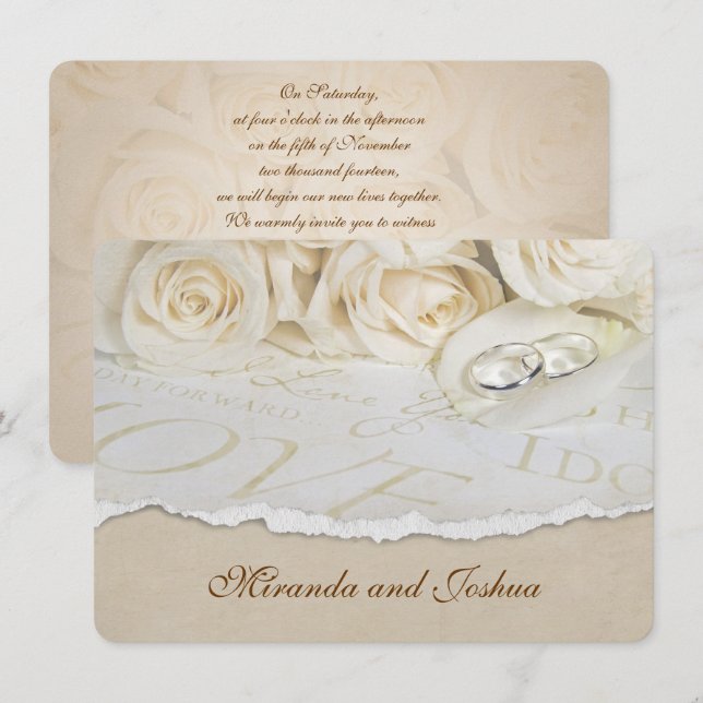 Invitation Roses mariages et anneaux (Devant / Derrière)