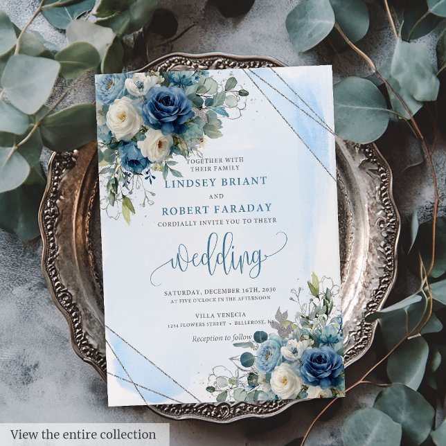 Invitation Roses modernes d'argent bleu foncé (Modern dark blue silver roses wedding invitation

)