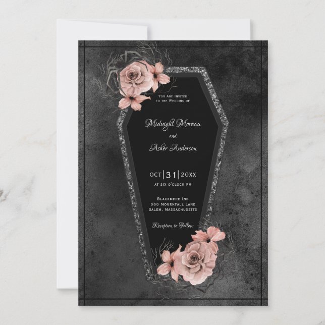 Invitation Roses noir café étincelle Mariage d'Halloween (Devant)