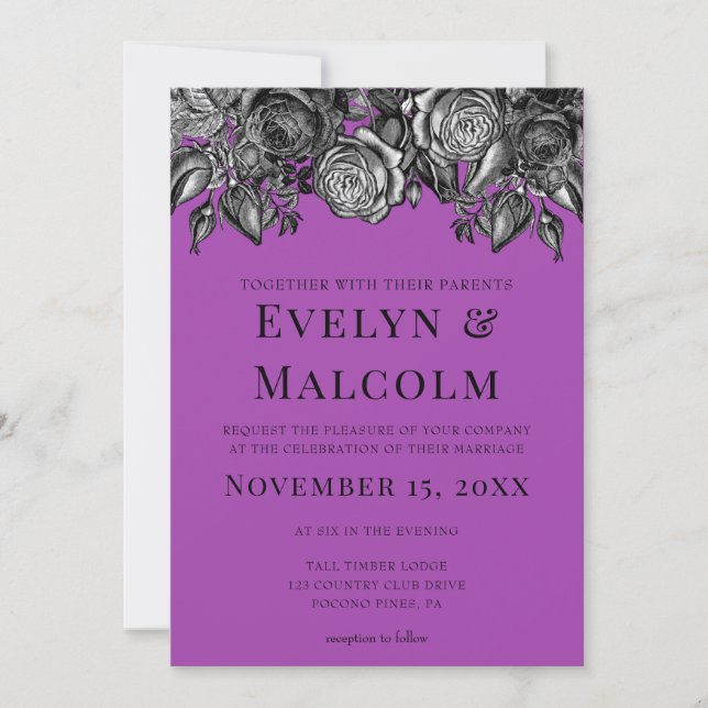 Invitation Roses noir et blanc Mariage électrique violet (Devant)