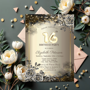 Invitation Roses Noires Élégantes,Guirlandes Lumineuses 16ème