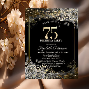 Invitation Roses Noires Élégantes, Lumières 75e Anniversaire 