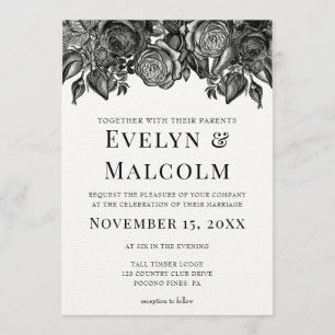 Invitation Roses noires et blanches Antique Mariage d'gravure