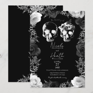 Invitation Roses Noires et Blanches Crâne de squelette Mariag