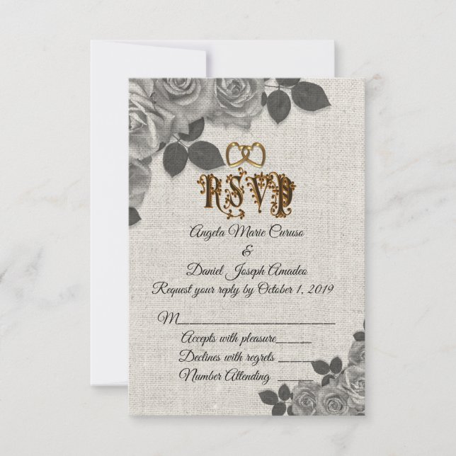 Invitation Roses noires et blanches sur mariage lin RSVP (Devant)