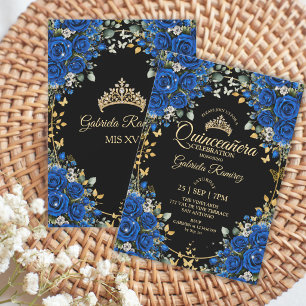 Invitation Roses noires et bleues royales Quinceañera dorée
