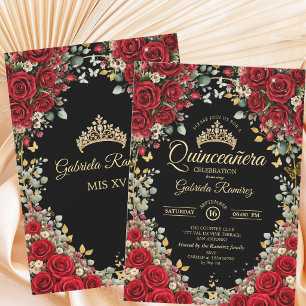 Invitation Roses noires et rouges Papillons dorés Quinceañera