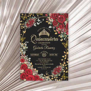 Invitation Roses noires et rouges Papillons dorés Quinceañera