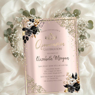 Invitation Roses Noires,Tiara,Diamants Quinceañera en or rose