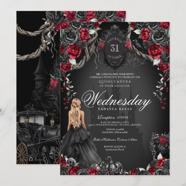 Invitation Roses noirs rouges Quinceanera Gothique Halloween (Devant / Derrière)