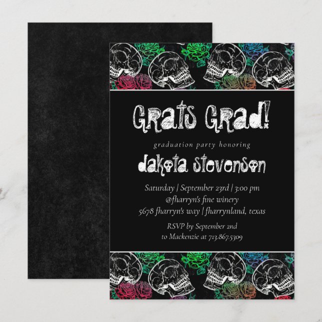 Invitation Roses Ombre crâne sucre | Pastel Graduation Party (Devant / Derrière)