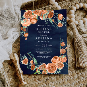 Invitation Roses Orange Brûlé Fleur Bleu Marine Baptême de Ma