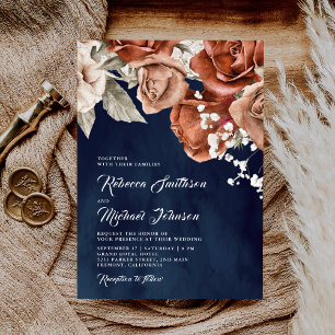 Invitation Roses orange brûlé Terracotta Floral Navy Mariage
