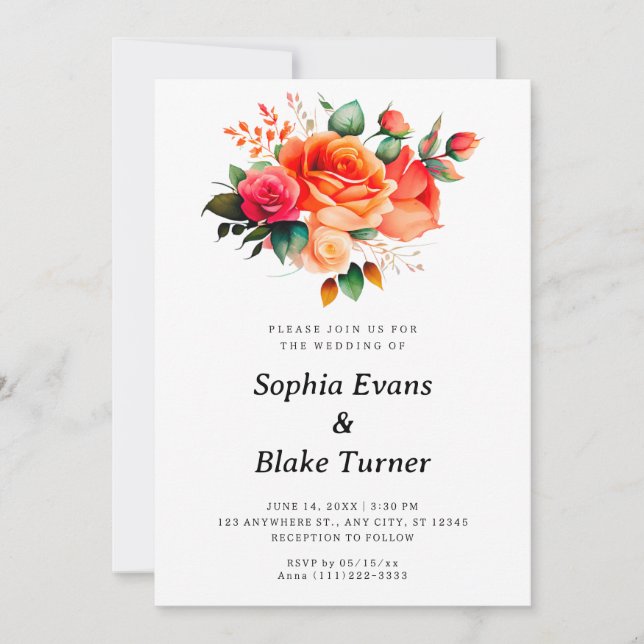 Invitation Roses orange et rose Mariage floral blanc (Devant)