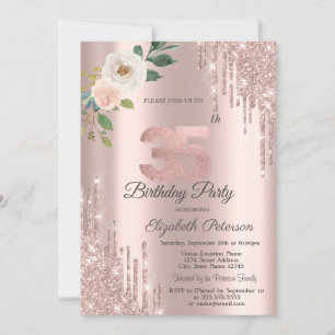 Invitation Roses Paillettes Gouttes Rose Gold 35e Anniversair