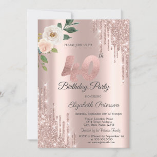 Invitation Roses Paillettes Gouttes Rose Gold 40e Anniversair