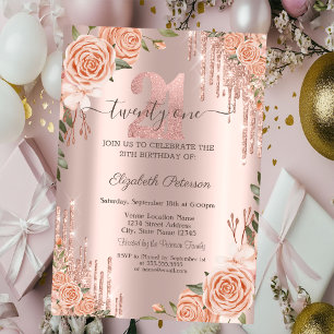 Invitation  Roses Paillettes Gouttes Rose Or 21ème Anniversai