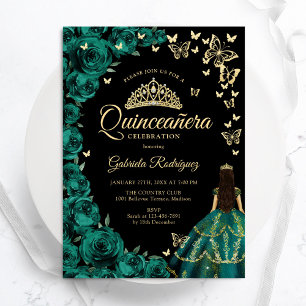 Invitation Roses Papillons Or Vert Emeraude Quinceanera