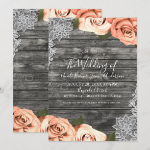 Invitation Roses pêche clair Bois rustique gris Mariage dente