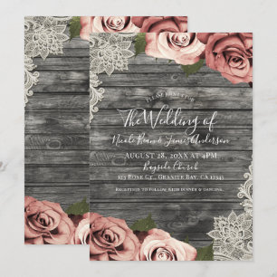 Invitation Roses pêche corail gris bois rustique dentelle mar