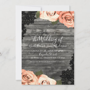Invitation Roses pêche gris bois rustique noir mariage en den