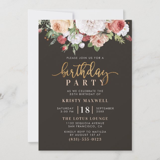 Invitation Roses peints et scénario Gold moderne fête d'anniv (Devant)