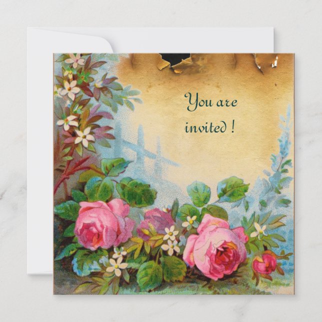 Invitation ROSES PINK & JASMINS parchemin rose vert (Devant)