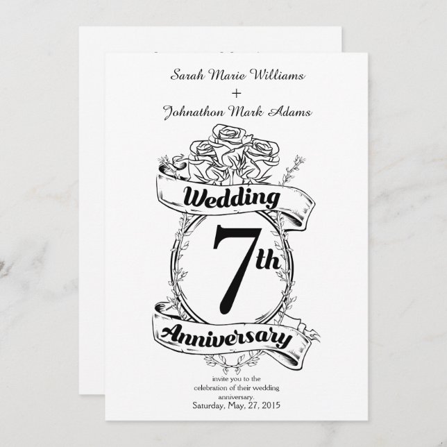 Invitation Roses pour le 7ème anniversaire de mariage (Devant / Derrière)