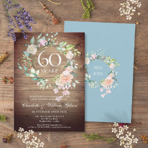 Invitation Roses pour les 60 ans de mariage Bois rustique