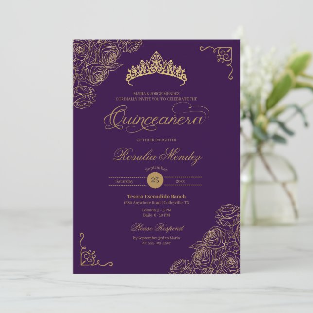 Invitation Roses Purple & Or Elegant Quinceañera (Debout devant)
