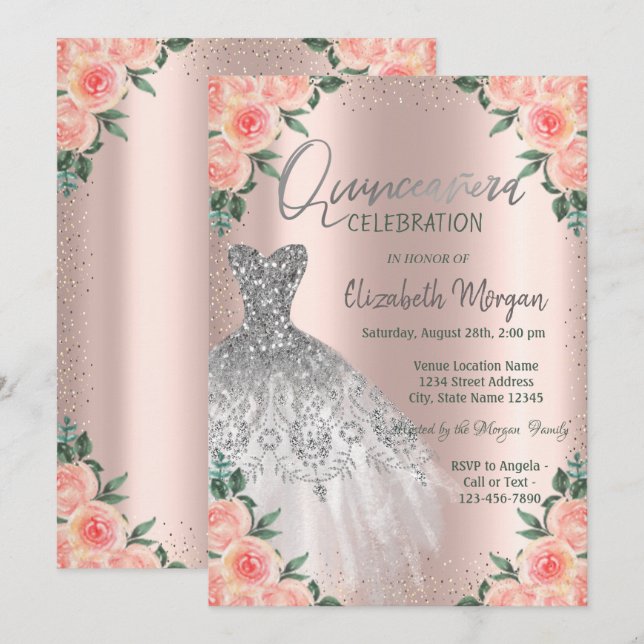 Invitation Roses, Robe, Fleurs, Rose Gold Quinceañera (Devant / Derrière)