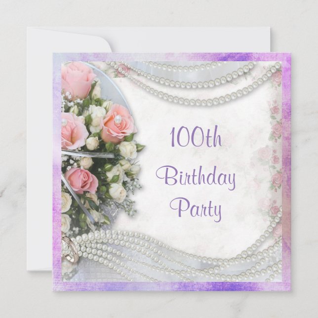 Invitation Roses romantiques et perles 100e fête d'anniversai (Devant)