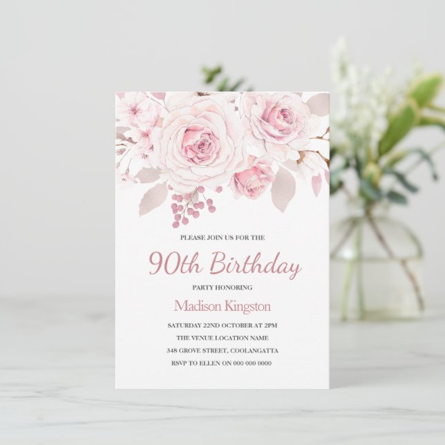 Invitation Roses Rose Blush Élégante 90ème anniversaire (Debout devant)