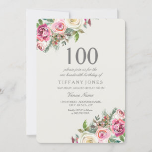 Invitation Roses rose et blanc Floral 100e anniversaire Invit