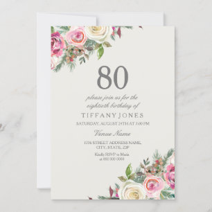 Invitation Roses rose et blanc Floral 80e anniversaire Invita